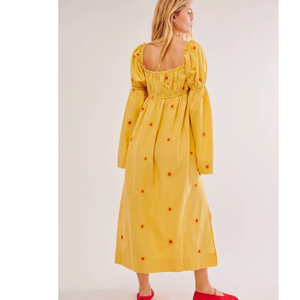 Free People Emory Embroidered Midi Dress $168 SMALL Yellow