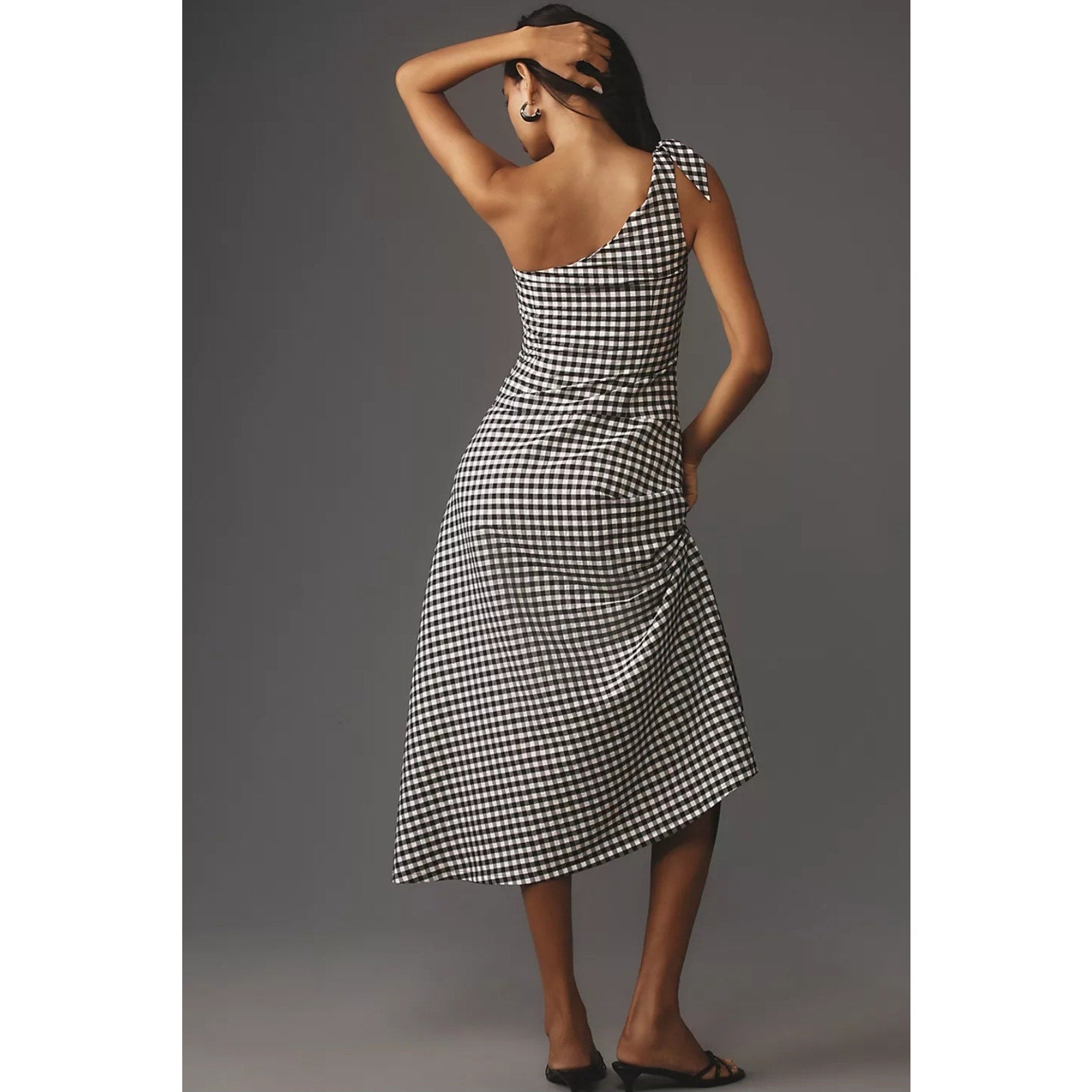 New By Anthropologie One-Shoulder Gingham Midi Dress $168 X-SMALL Black