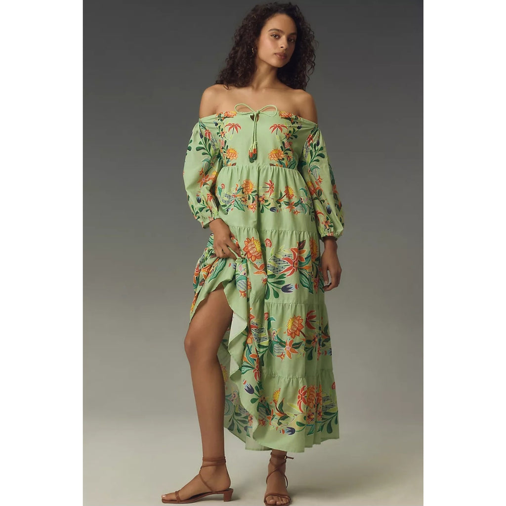New Farm Rio x Anthropologie Off-The-Shoulder Tiered Floral Midi Dress $238 XSP