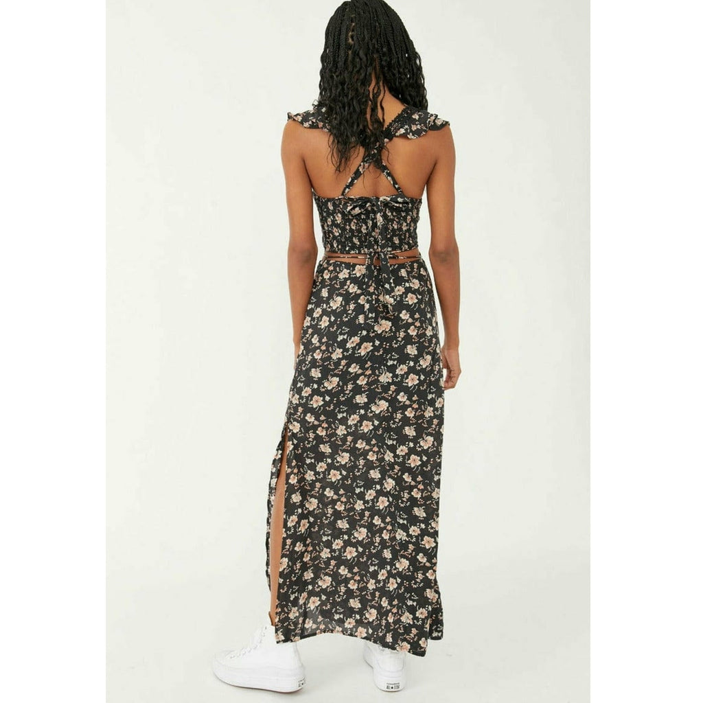 Free People Bijou Smocked Top and Maxi Skirt Set Sz 4 Black Floral Boho Free People