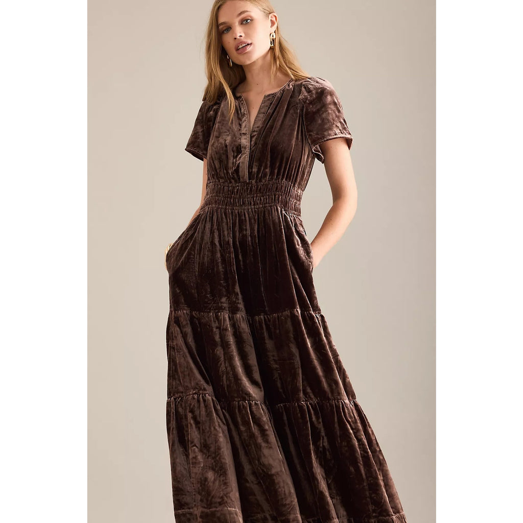 Chocolate velvet tiered maxi dress with short sleeves and gathered smocked waist