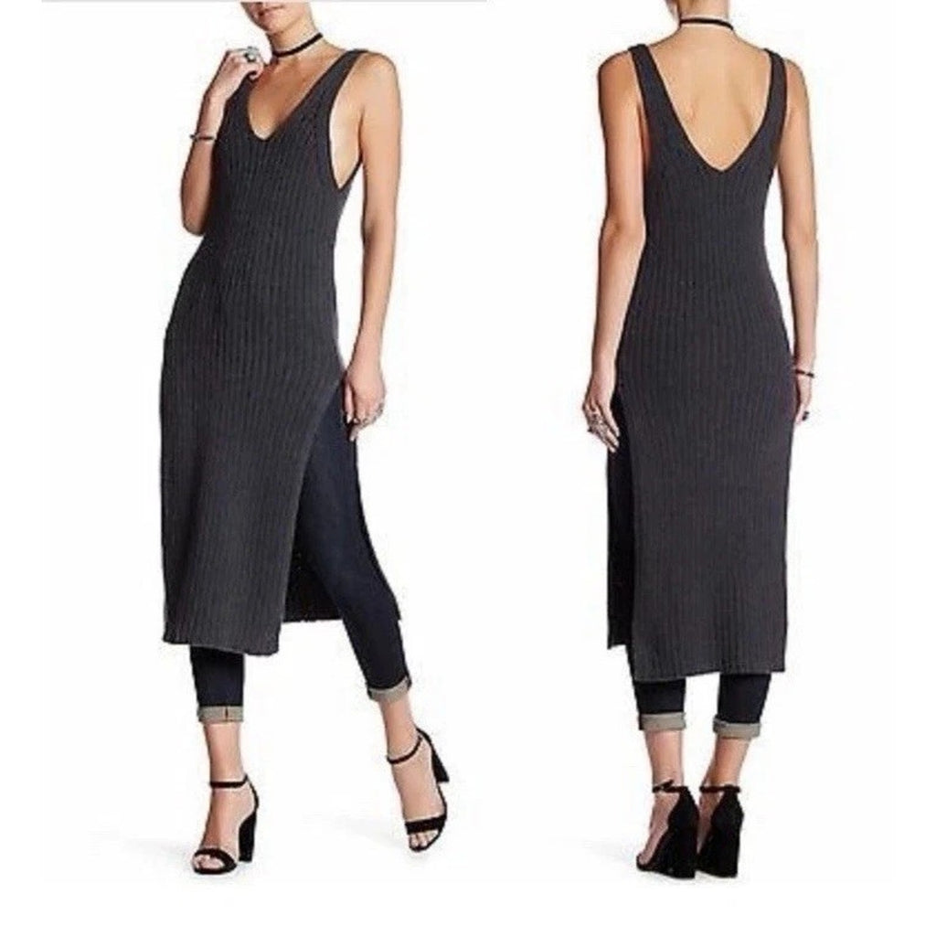 New Free People Black Emmy Ribbed Knit Tank Midi Dress $128 Small Black