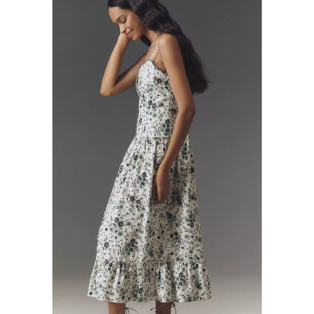 Anthropologie Sleeveless Drop-Waist Midi Dress PLUS 1X Green Floral Anthropologie