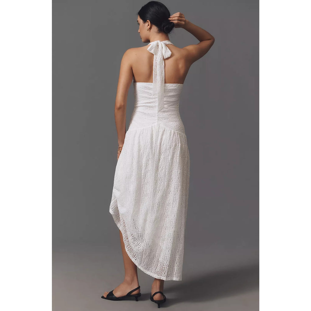 Anthropologie Flat White Plunge Slim Maxi Dress LARGE White HALTER-NECK Anthropologie