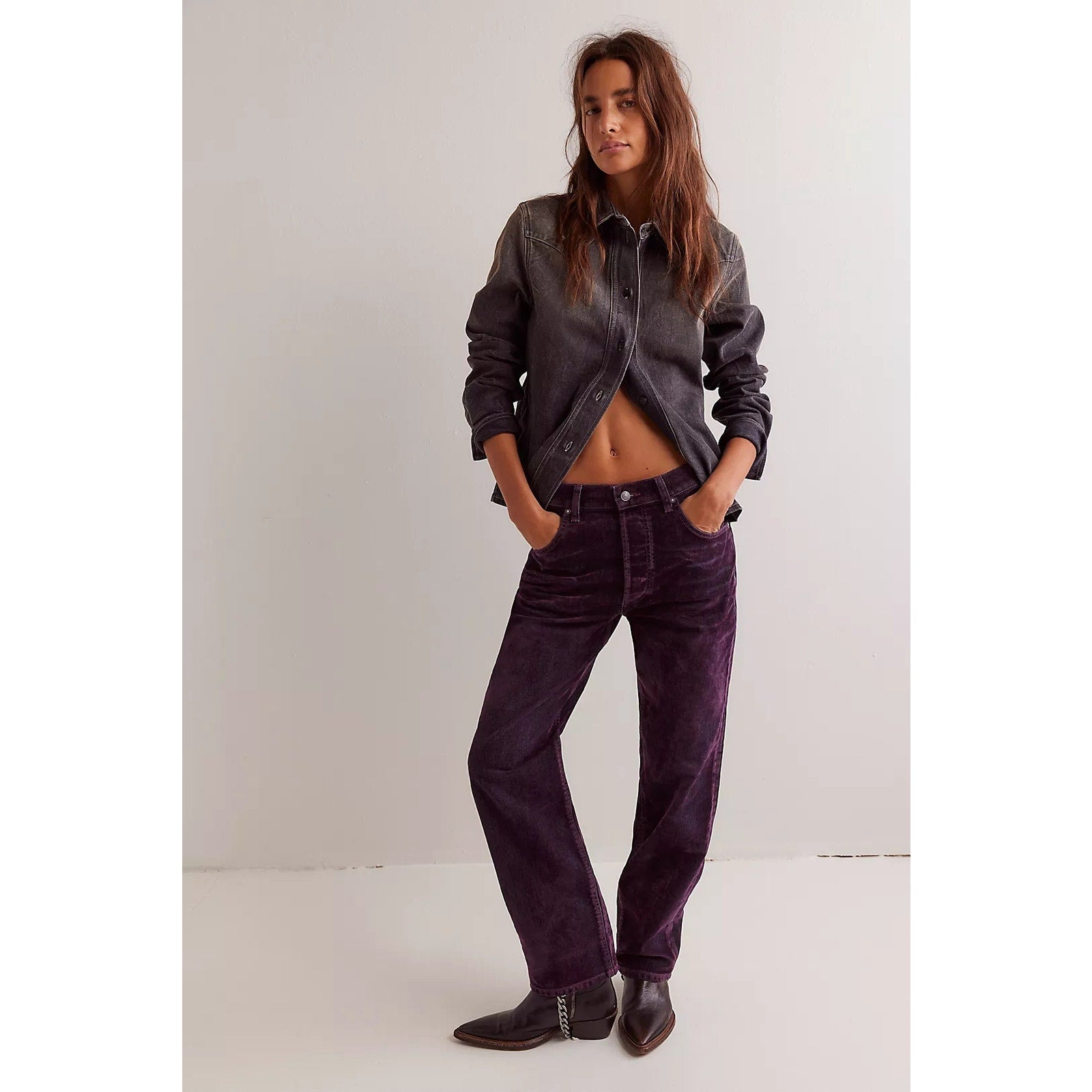 New FREE PEOPLE We The Free First Class Relaxed Flocked Velvet Jeans $248 SZ 28