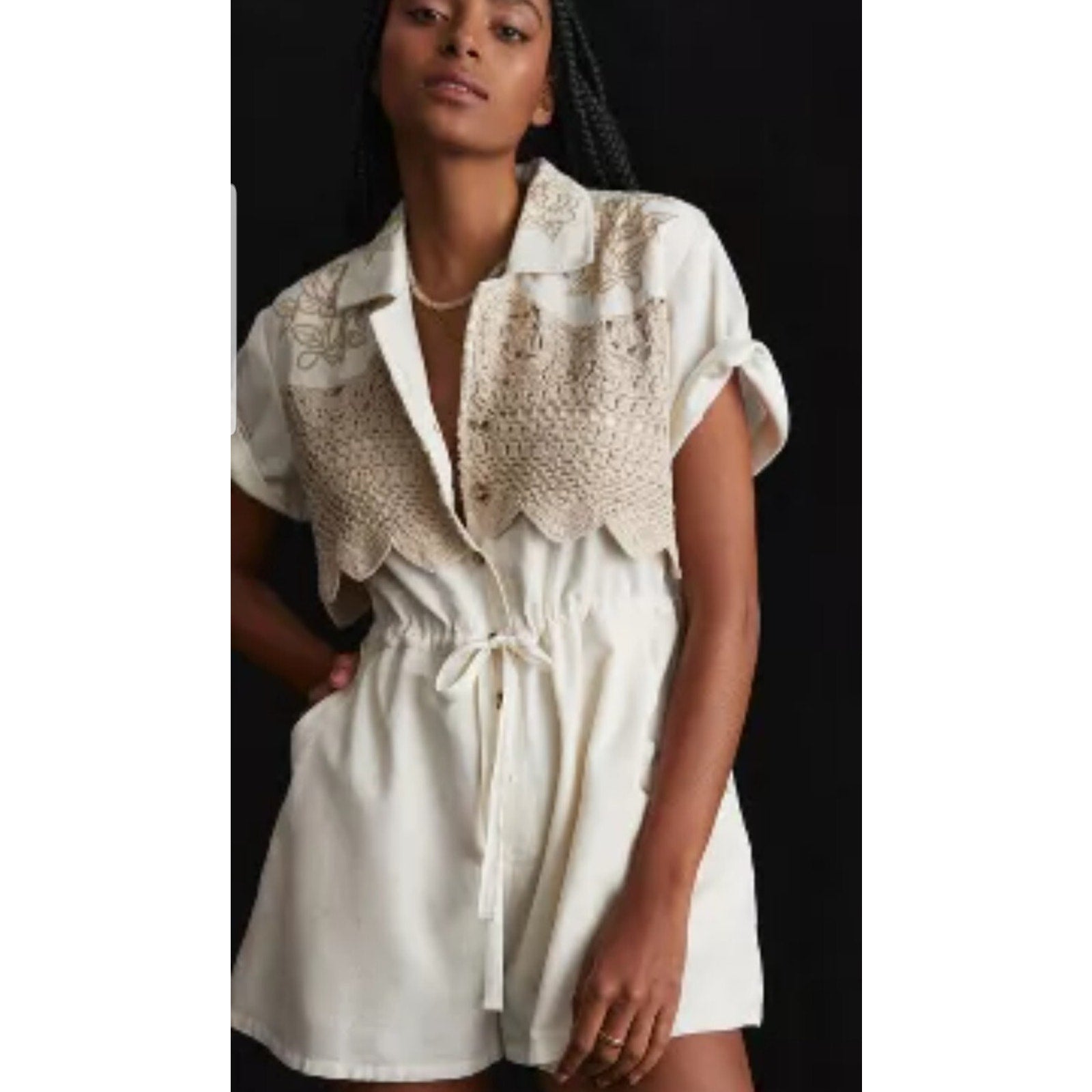 NEW Anthropologie Cotton Crocheted Romper Size 4 Linen Blend
