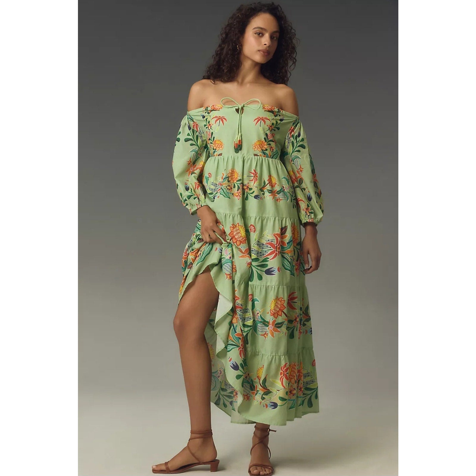 New Farm Rio x Anthropologie Off-The-Shoulder Tiered Floral Midi Dress $238 XXS
