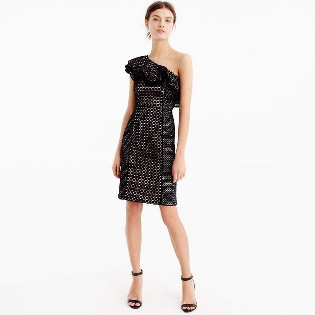 NEW J Crew Black One-shoulder Eyelet Mini Dress Size 2