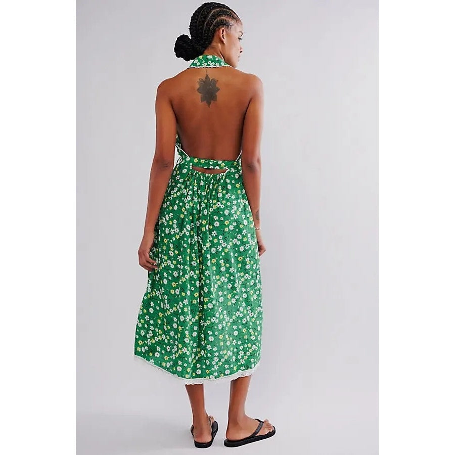 FREE PEOPLE Slice Of Life Halter Midi Dress MEDIUM Green Floral Boho Free People