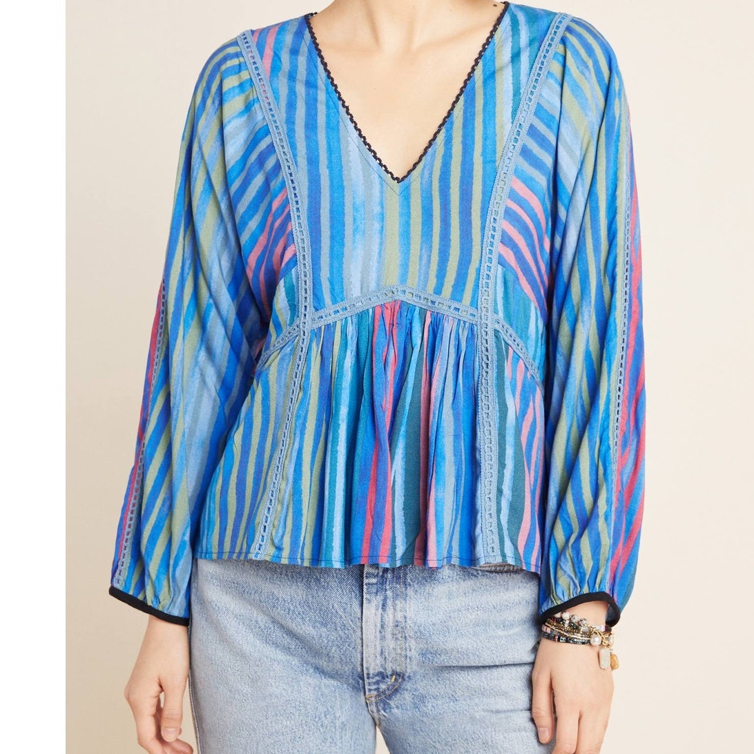 New Anthropologie x Conditions Apply Estelle Long Sleeve Striped Blouse $118 S