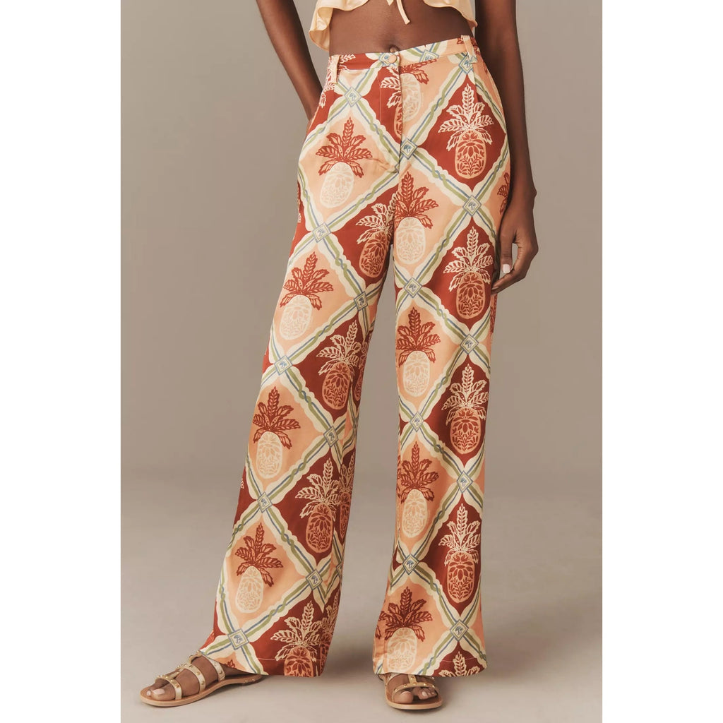 New Farm Rio x Anthropologie Pineapple Satin Wide-Leg Pants $188 X-SMALL Red
