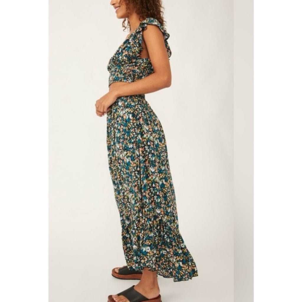 New Free People Pretty Dayz Midi Skirt Set $128 X-SMALL Blue Boho Floral Smocked