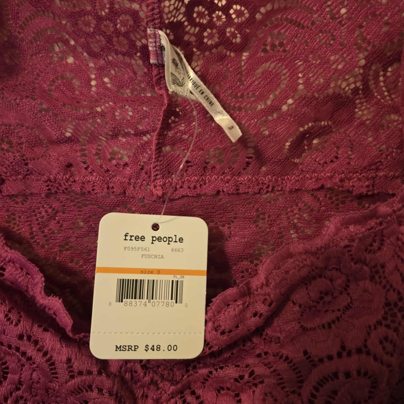 New Free People Intimately Chase Me Lace Brami Feather $48 Fuschia Small Floral