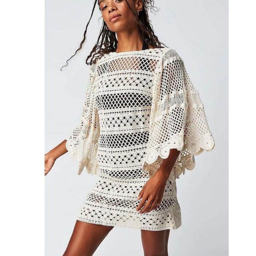 New Free People Jen's Pirate Booty Zen Crochet Mini Dress $330 XS/S Natural