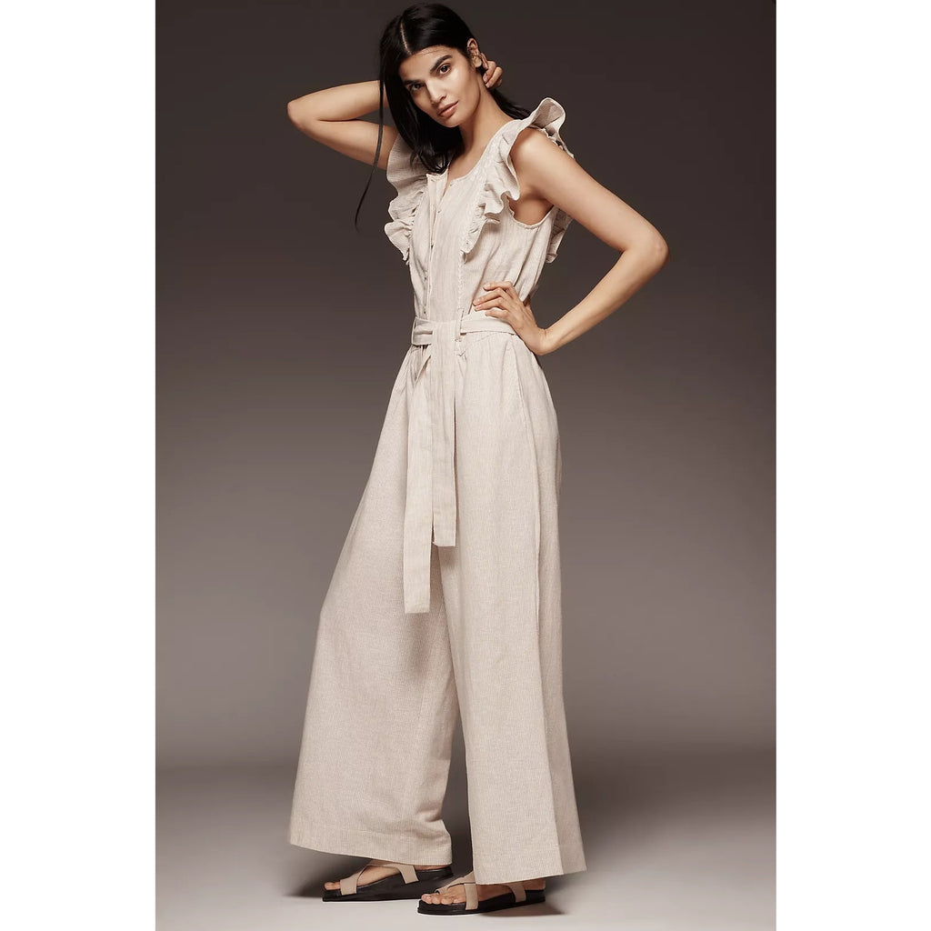 By Anthropologie Linen Blend Ruffle Jumpsuit SMALL Neutral PINSTRIPE Anthropologie