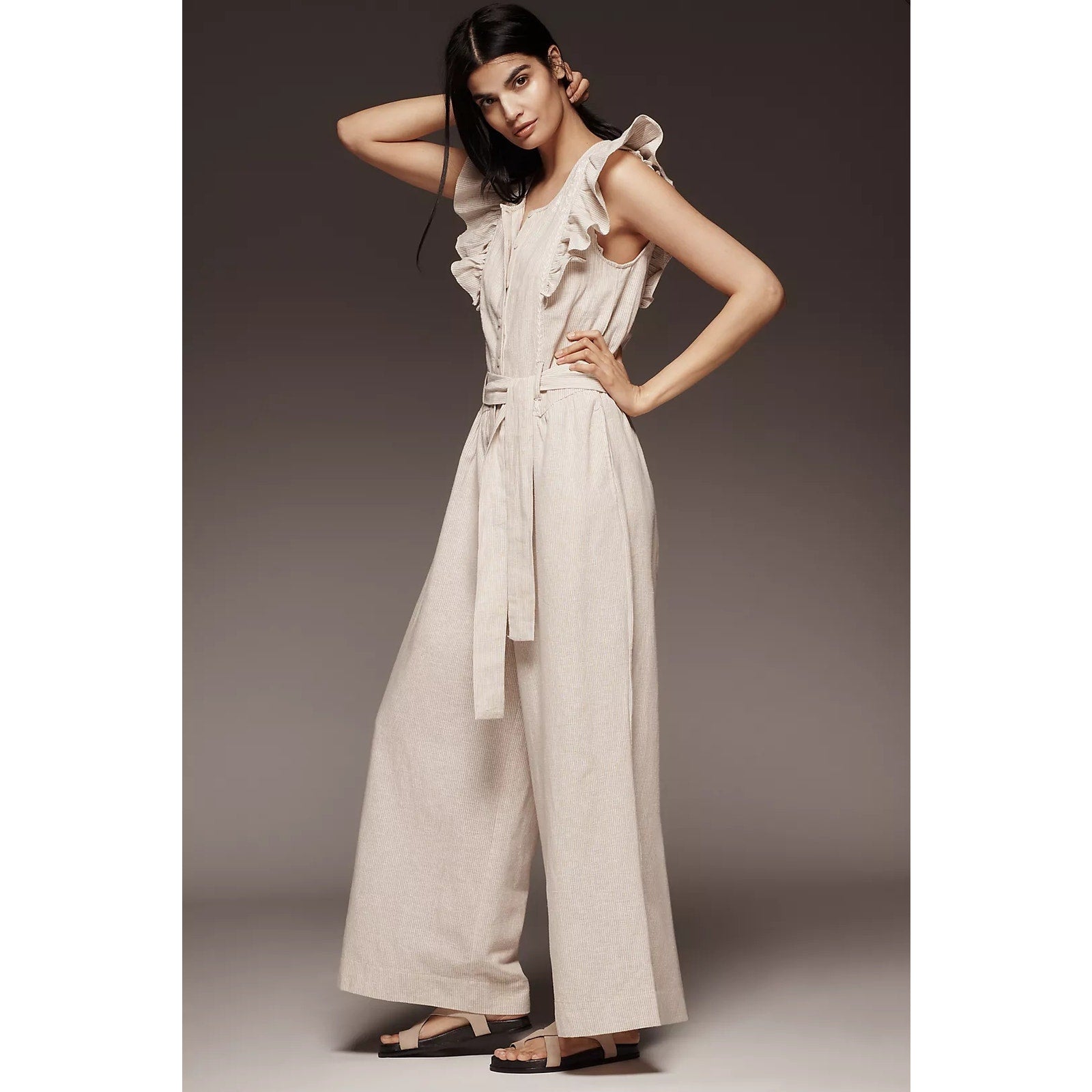 By Anthropologie Linen Blend Ruffle Jumpsuit SMALL Neutral PINSTRIPE Anthropologie