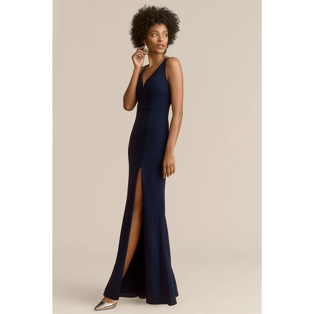 Anthropologie BHLDN Stella Sleeveless V-Neck Stretch Crepe Maxi Dress M Navy