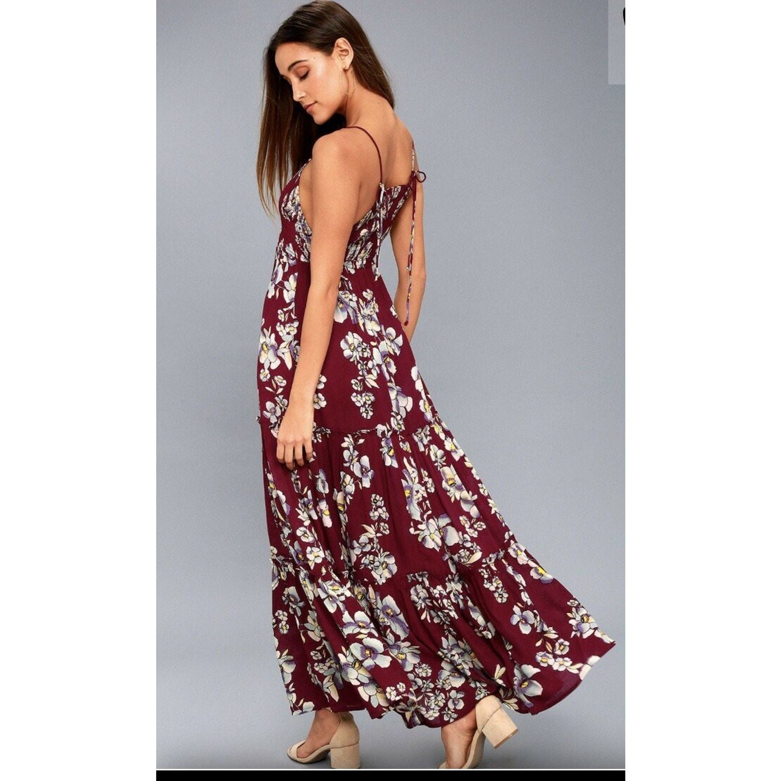 NEW Free People $128 Garden Party Maxi Dress Burgandy Smocked Bodice Size XS