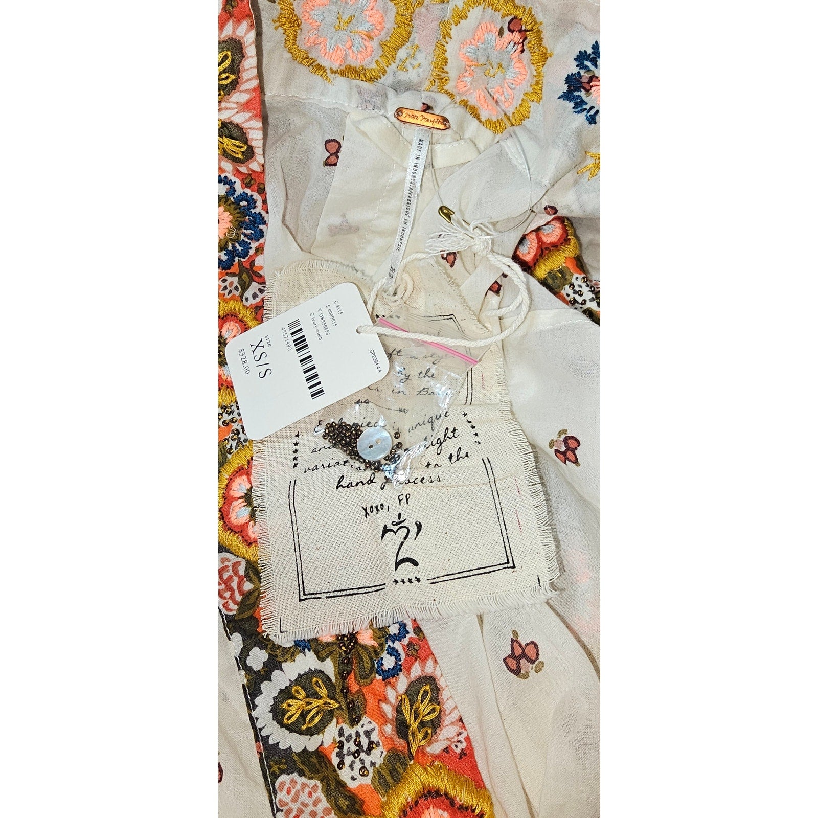 FREE PEOPLE Summer Mirage Boho Kimono XS/S Ivory EMBROIDERED BEADED Free People