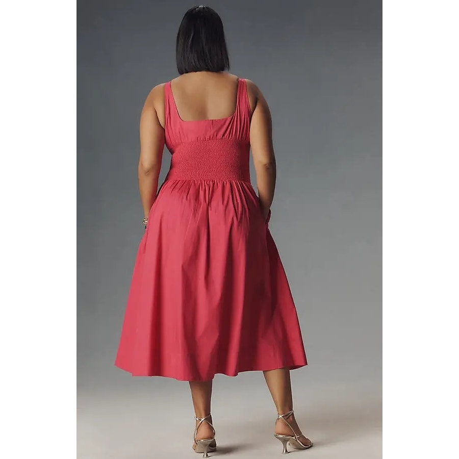 Tommie sleeveless smocked back dress, coral-red midi with full skirt