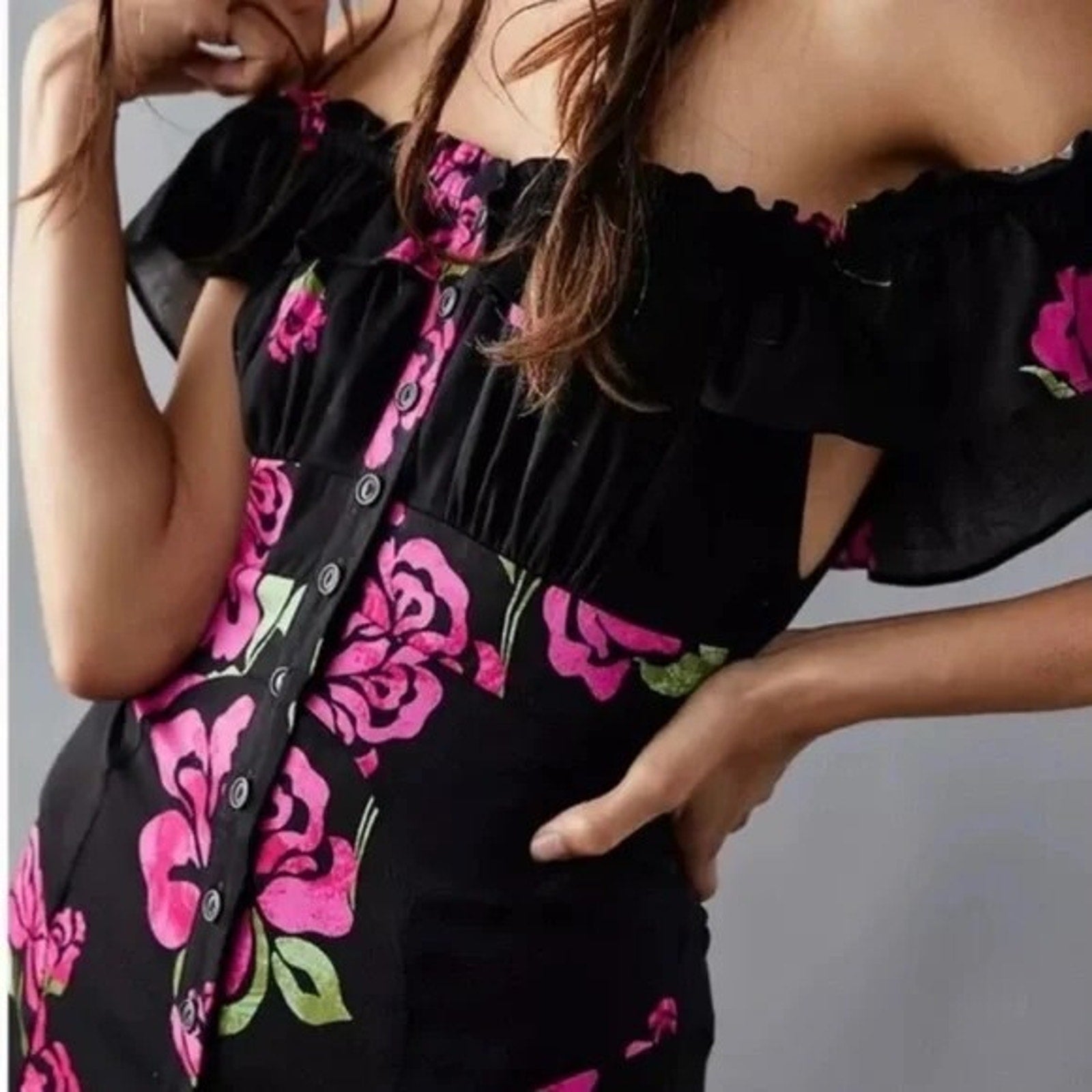 New Free People She's A Dream Maxi Dress Off The Shoulder Floral Black Pink S