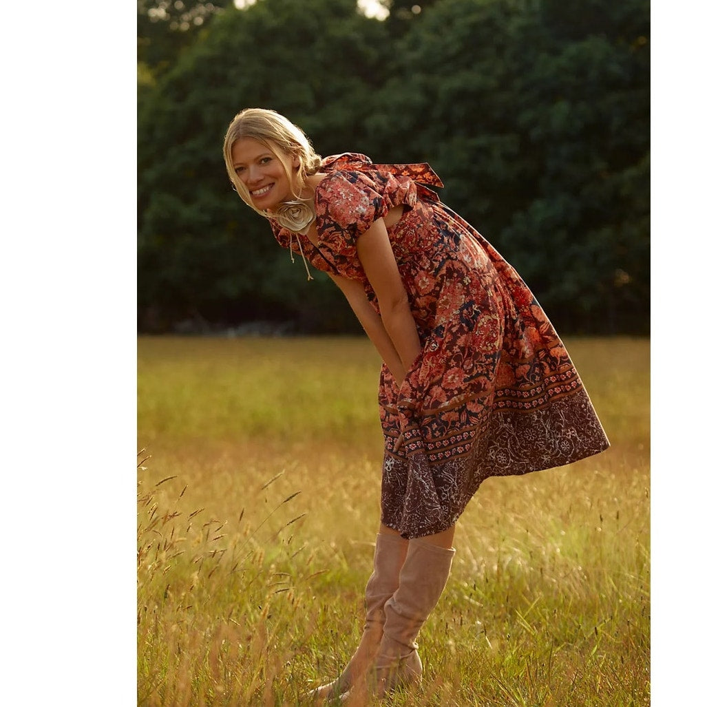 New By Anthropologie Printed V-Neck Babydoll Dress $170 SIZE 6 Red Floral