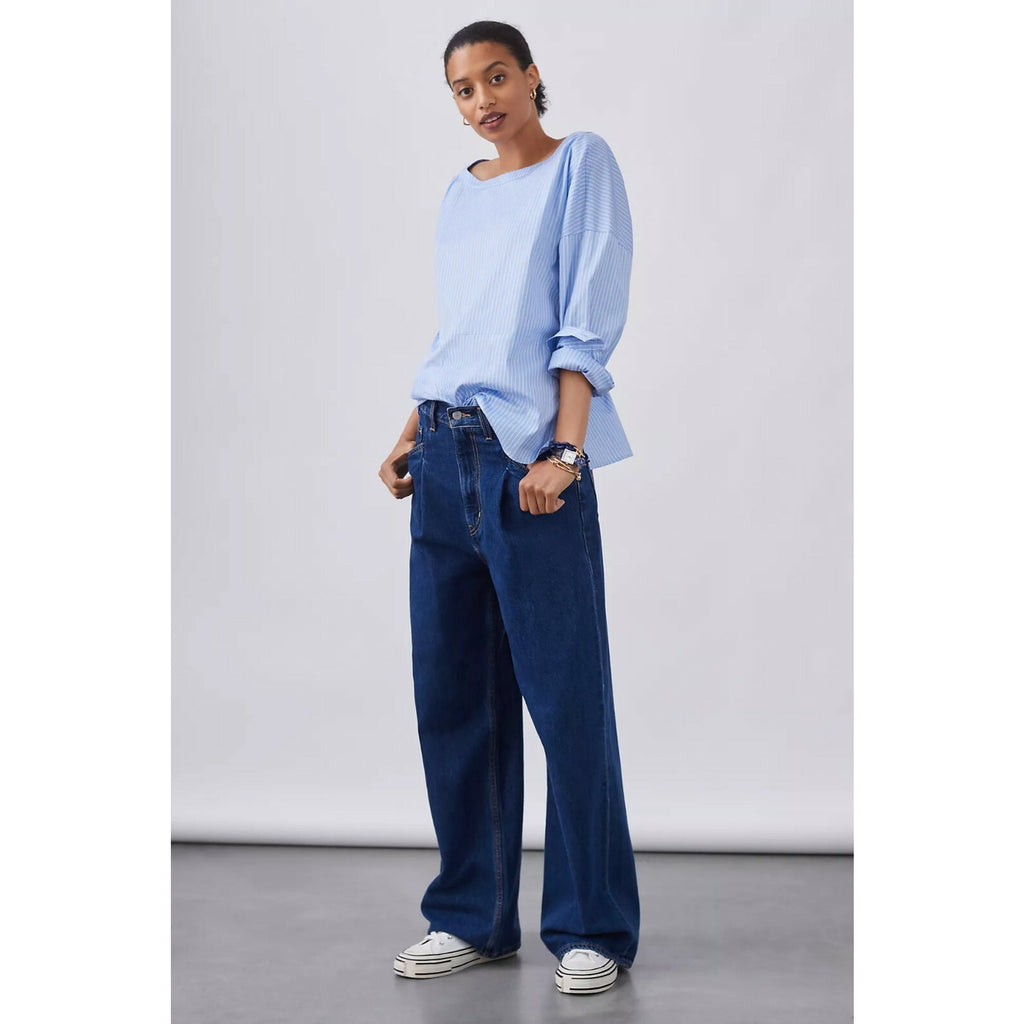 New Anthropologie Button-Back Blouse By Harshman $130 Size Medium Blue Striped