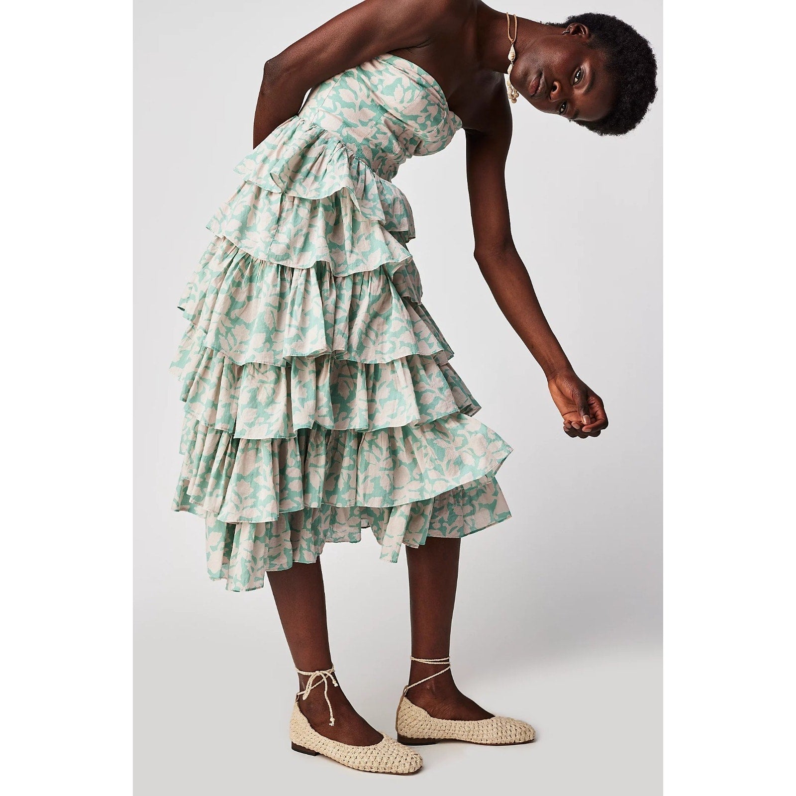 New Free People $375 Desert Queen Cleo Bustier Dress Size 0 Tiered Midi