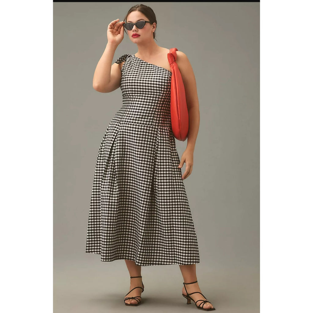 New By Anthropologie One-Shoulder Gingham Midi Dress $168 X-SMALL Black