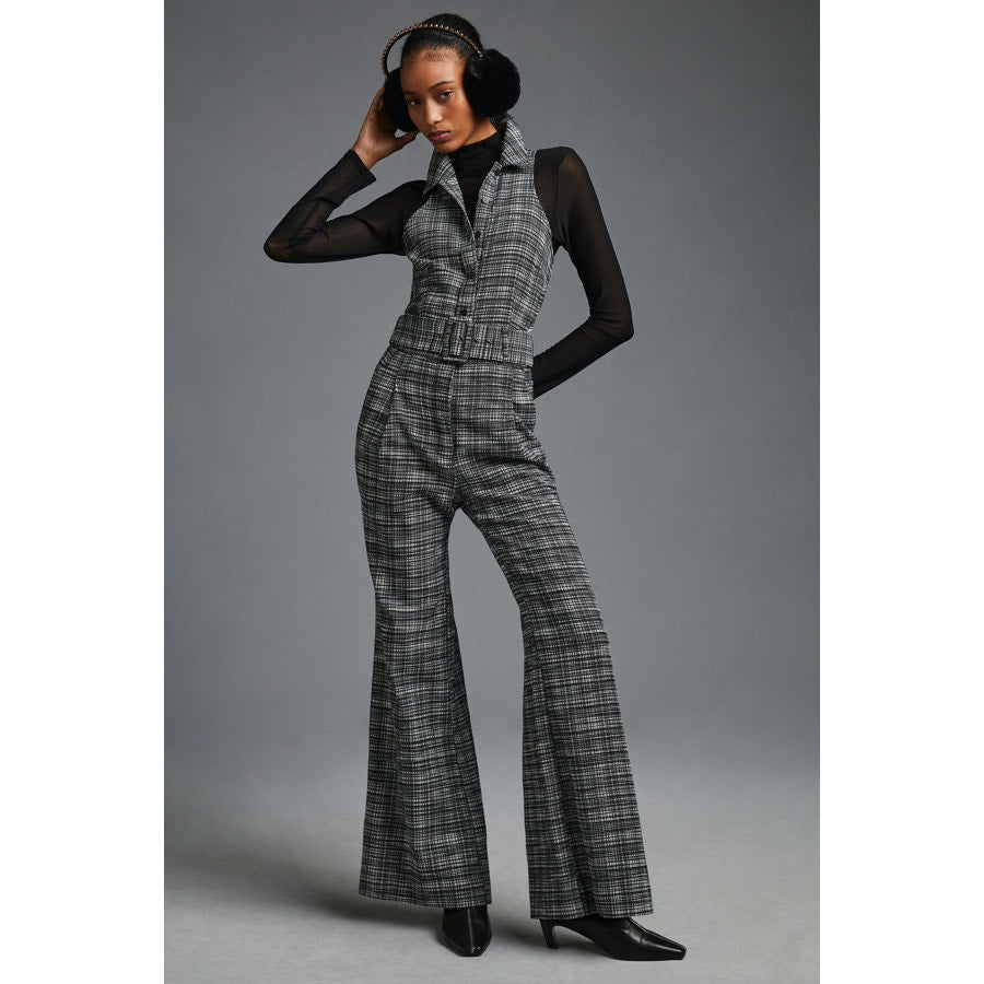 New ANTHROPOLOGIE Maeve Sleeveless Plaid Jumpsuit BELTED $188 SIZE 4 B & W