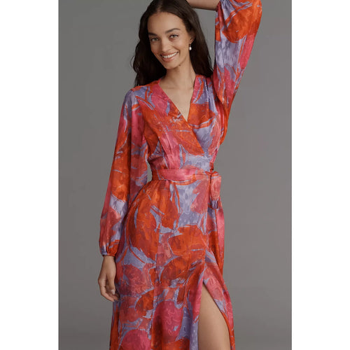 Long-sleeve wrap dress, abstract orange/blue print, V-neck, belt tie