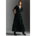 Velvet maxi dress in dark teal with burnout leaf pattern, V-neck and gathered waist