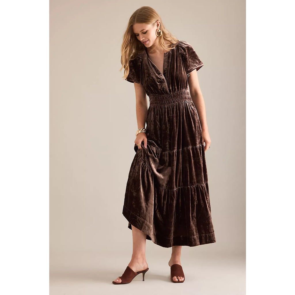 Chocolate velvet tiered maxi dress with V-neck and short cuffed sleeves