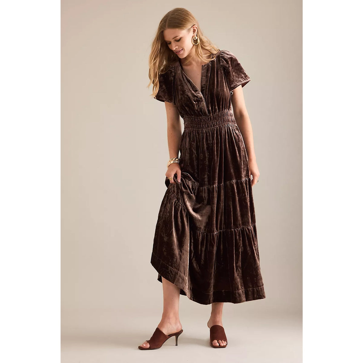 Chocolate velvet tiered maxi dress with V-neck and short cuffed sleeves