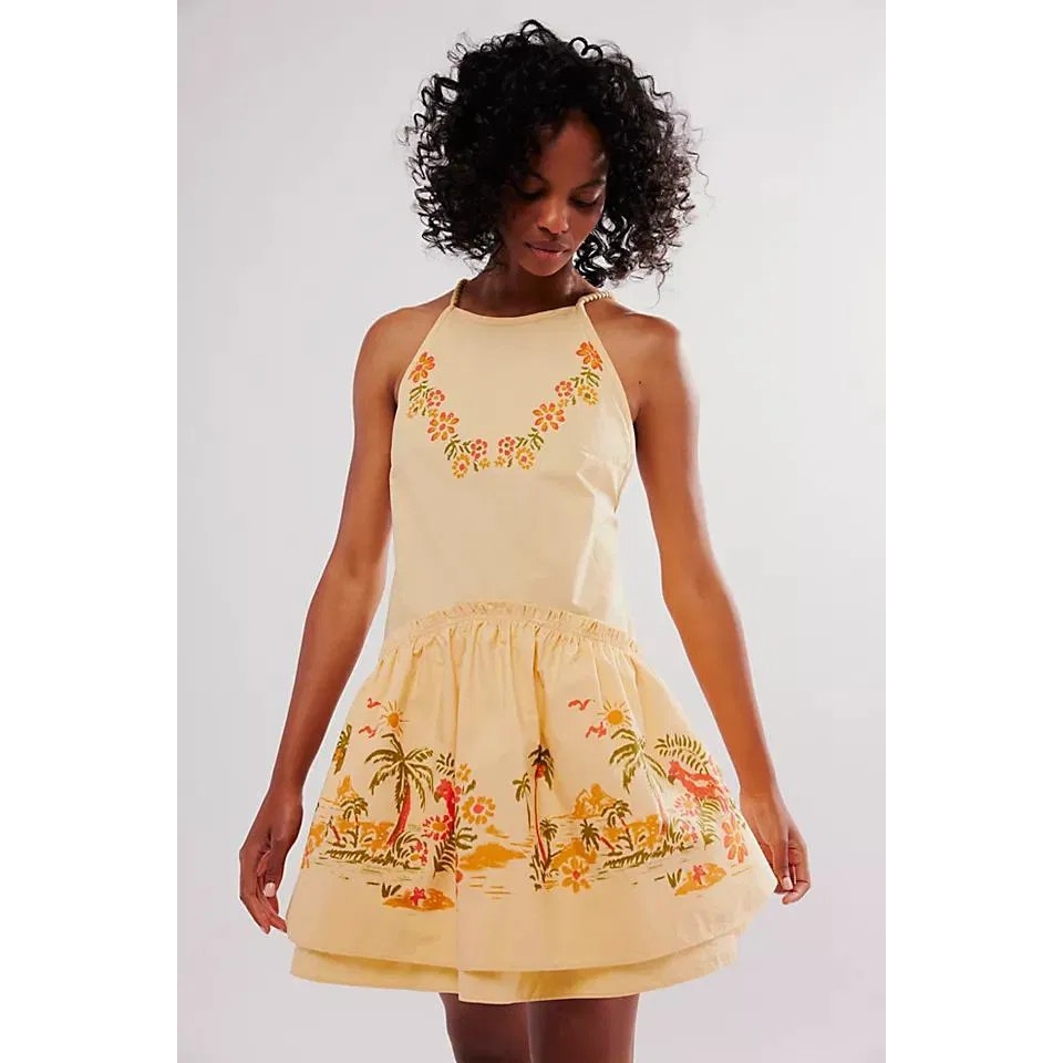 FREE PEOPLE Deserted Island Poplin Mini Dress MEDIUM Apricot Combo Free People
