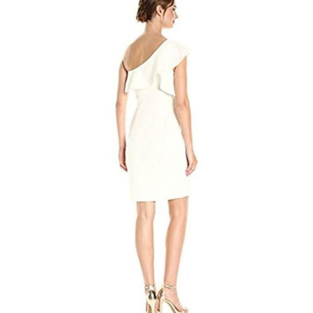 New Black Halo One Shoulder Sheath Mini Dress $325 Size 2 White Ruffle Sleeve