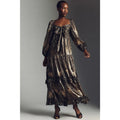 By Anthropologie Long-Sleeve Metallic Babydoll Midi Dress SMALL Black Anthropologie