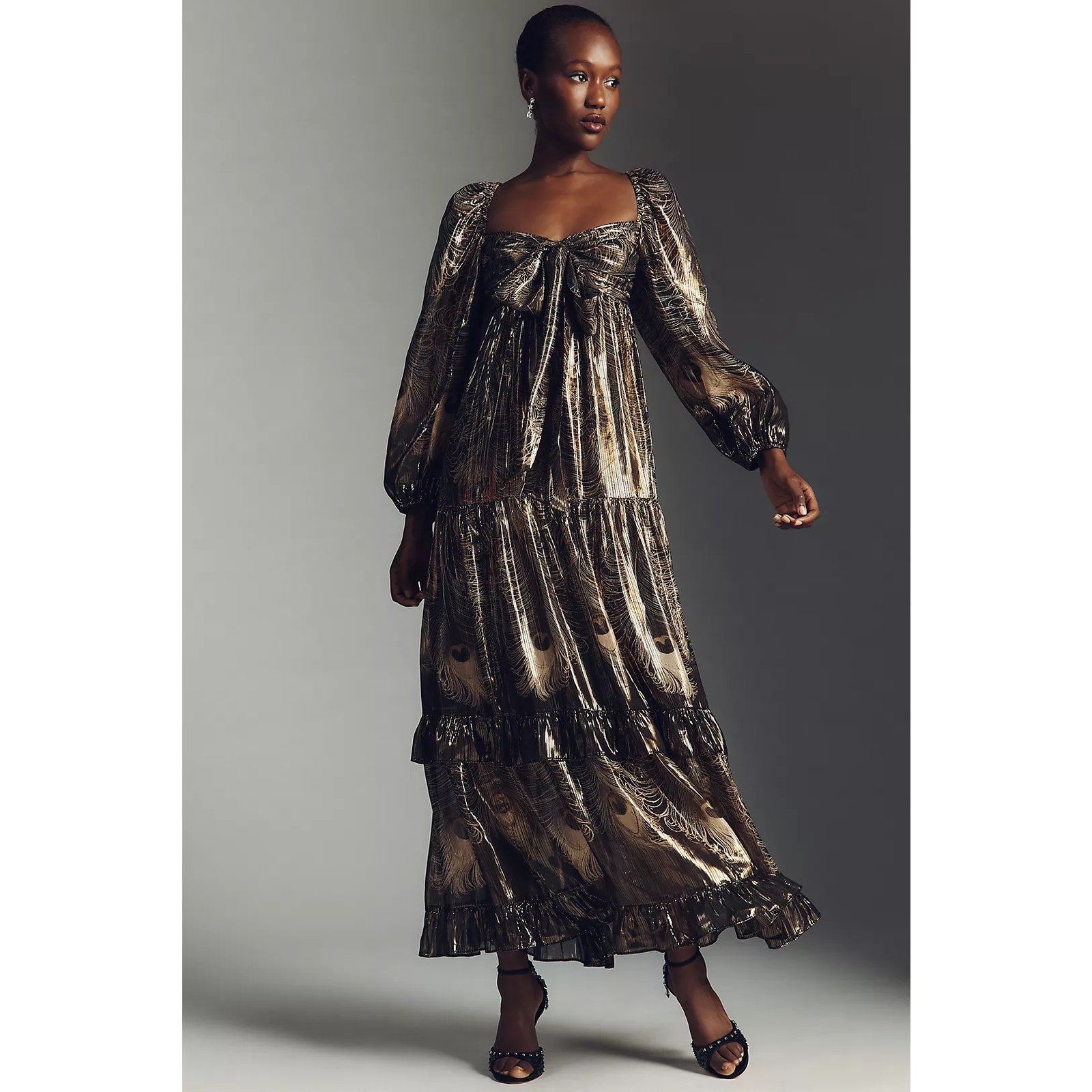 By Anthropologie Long-Sleeve Metallic Babydoll Midi Dress SMALL Black Anthropologie