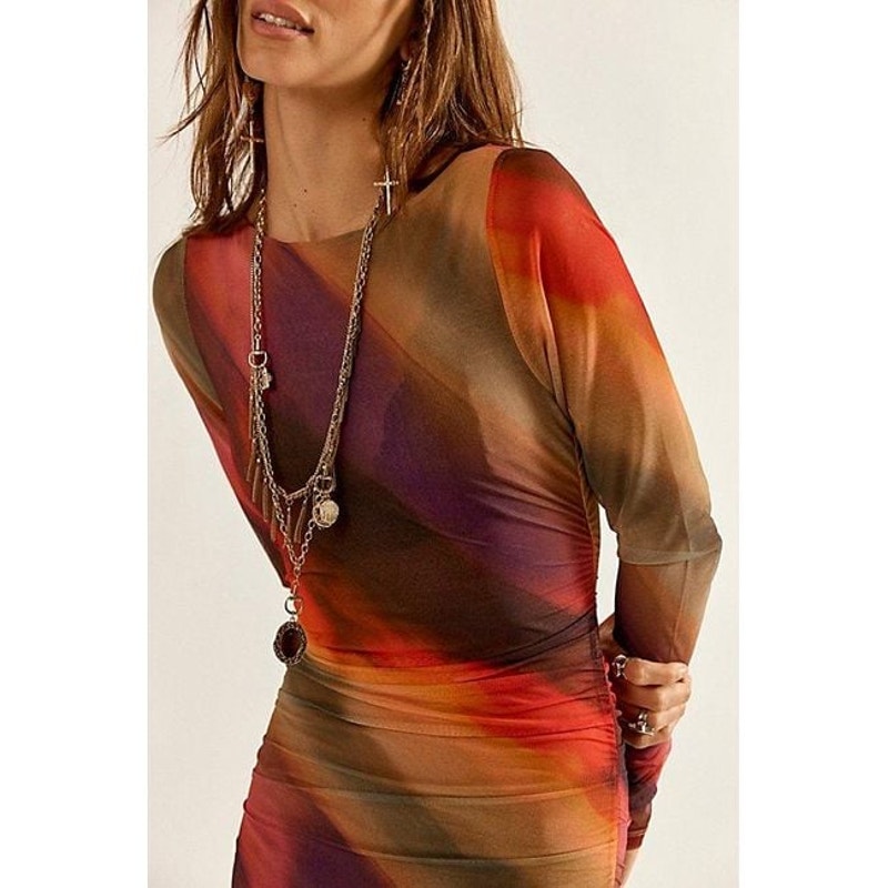 FREE PEOPLE Sunnei Mesh Maxi Dress X-LARGE Sunset Combo Ruched Free People