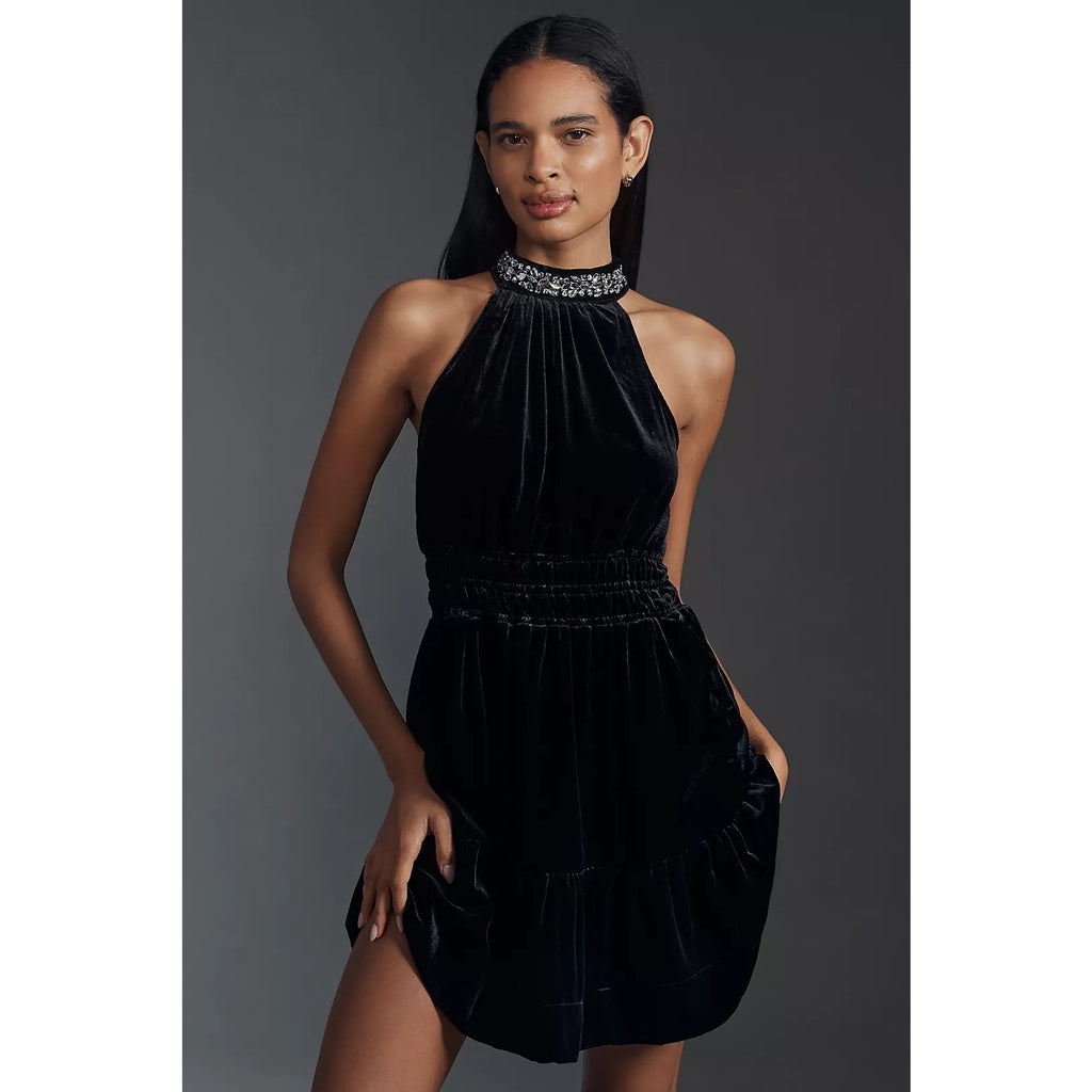 Anthropologie The Somerset Mini Dress Velvet Halter Edition $168 SMALL Black