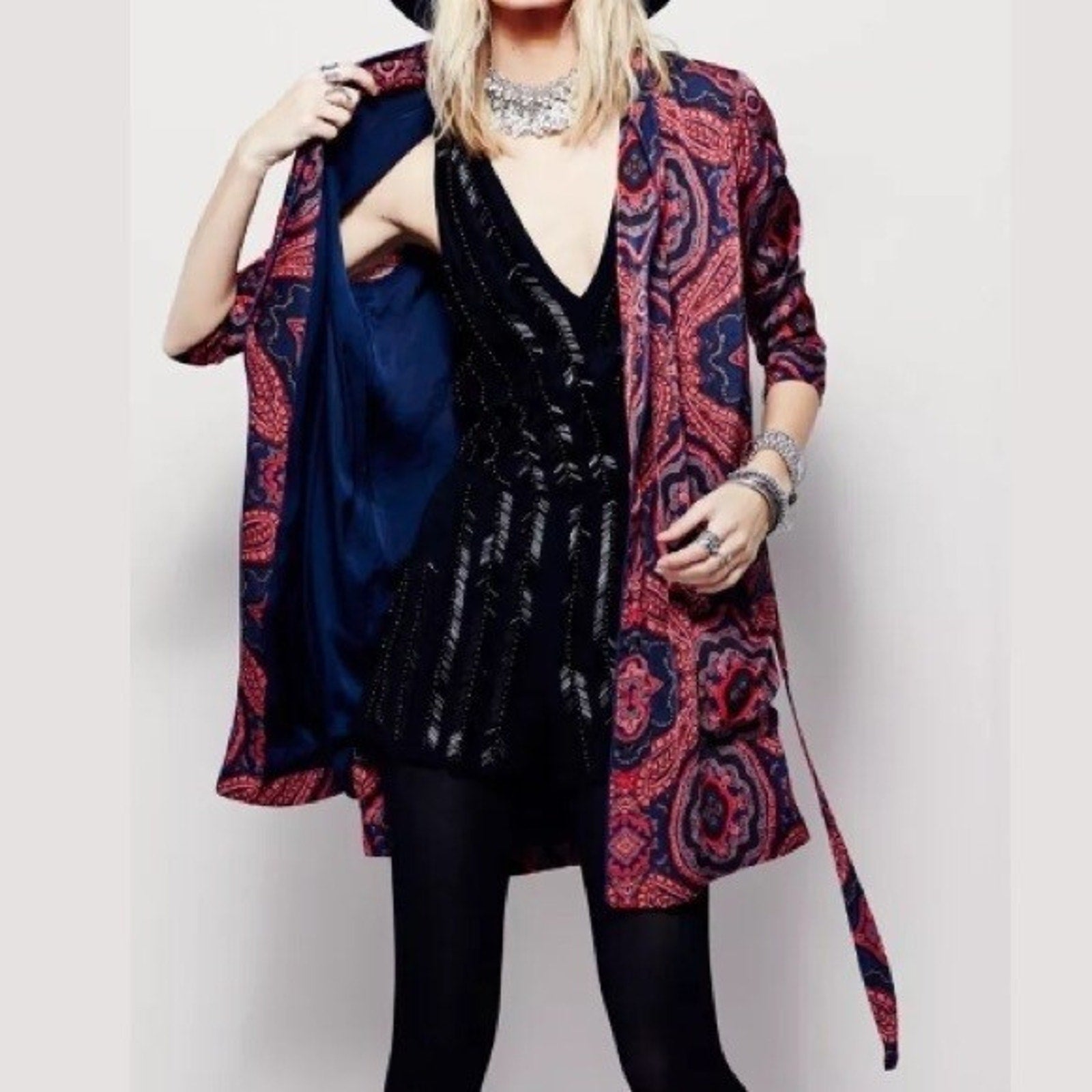 New Free People $168 Sensual Paisley Duster Jacket Robe Size Small Wine Bordo