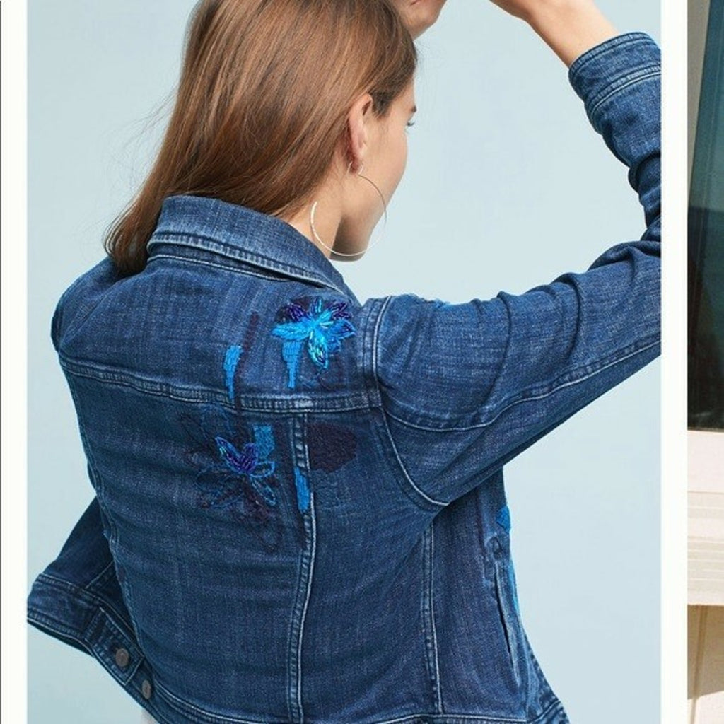 NEW Anthropologie Pilcro $168 Sequined Denim Jacket Sz Small Embroidered Beaded