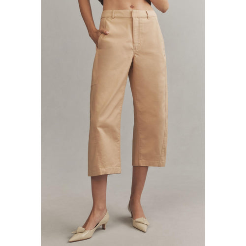 Khaki cropped chino pants with button fly and belt loops