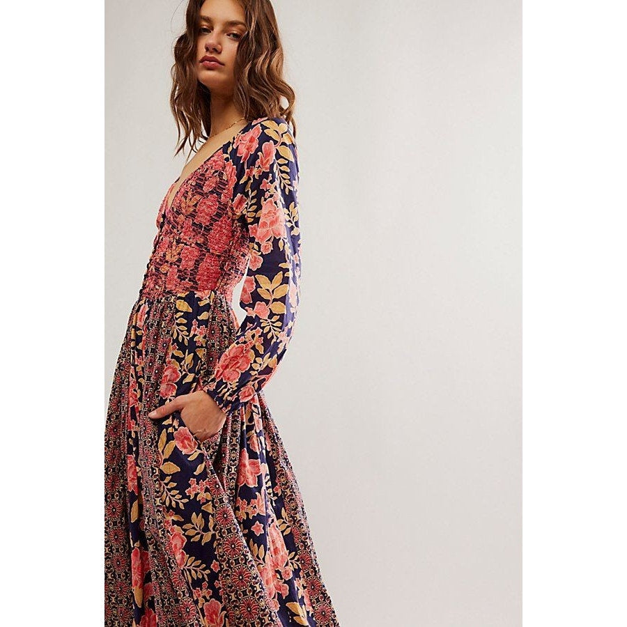 New Free People A New Way Floral Maxi Dress $168 X-SMALL Navy Combo Smocked