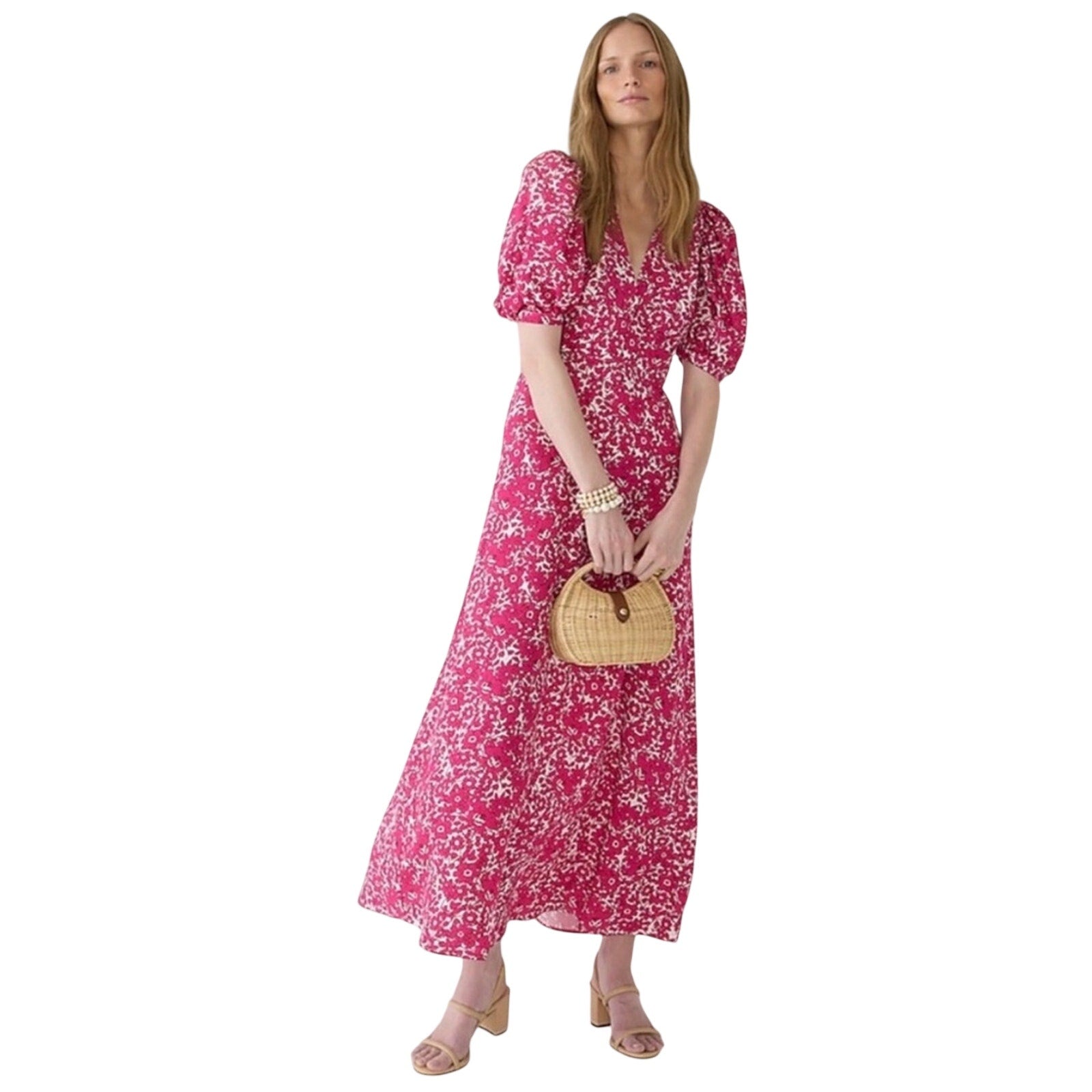 J CREW Collection puff-sleeve V-neck Drapey Floral Maxi Dress Size 10 Pink