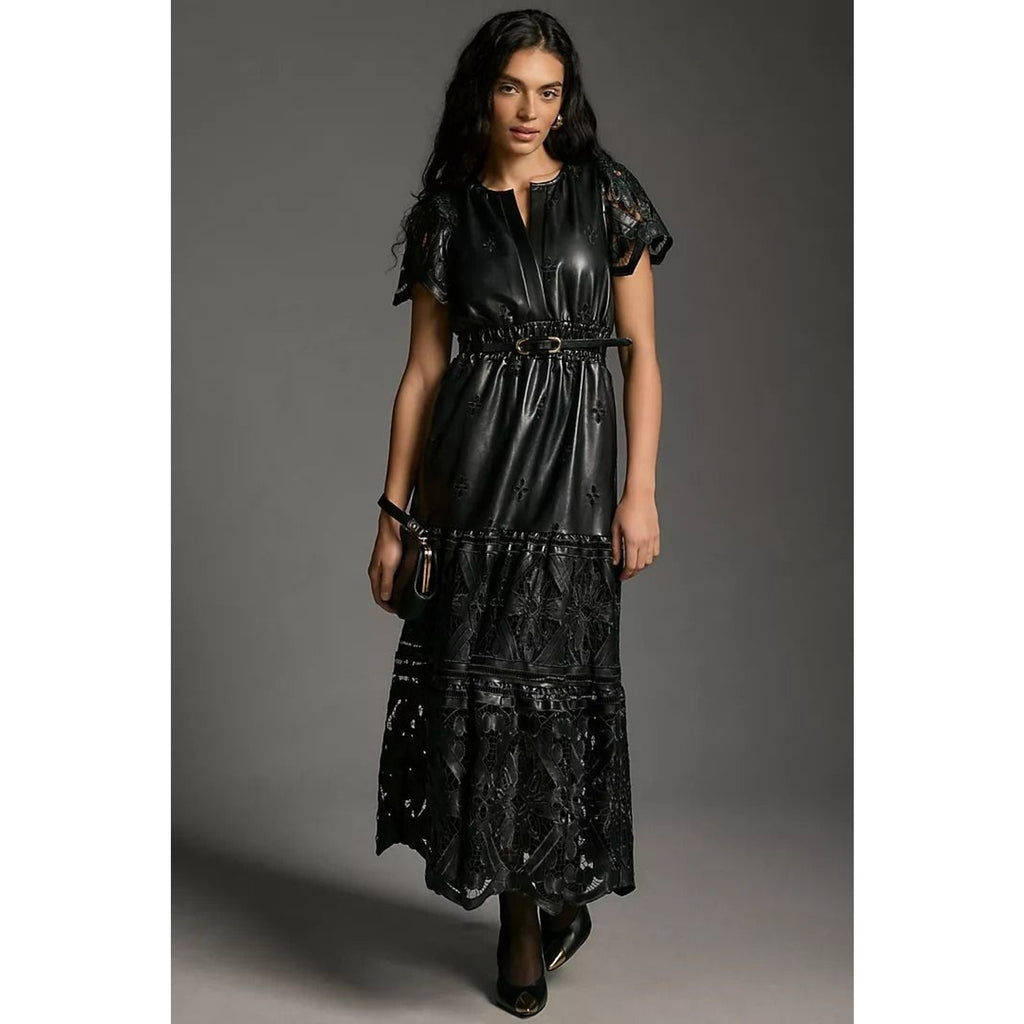 Anthropologie The Somerset Maxi Dress: Faux Leather Embroidered BLACK XS