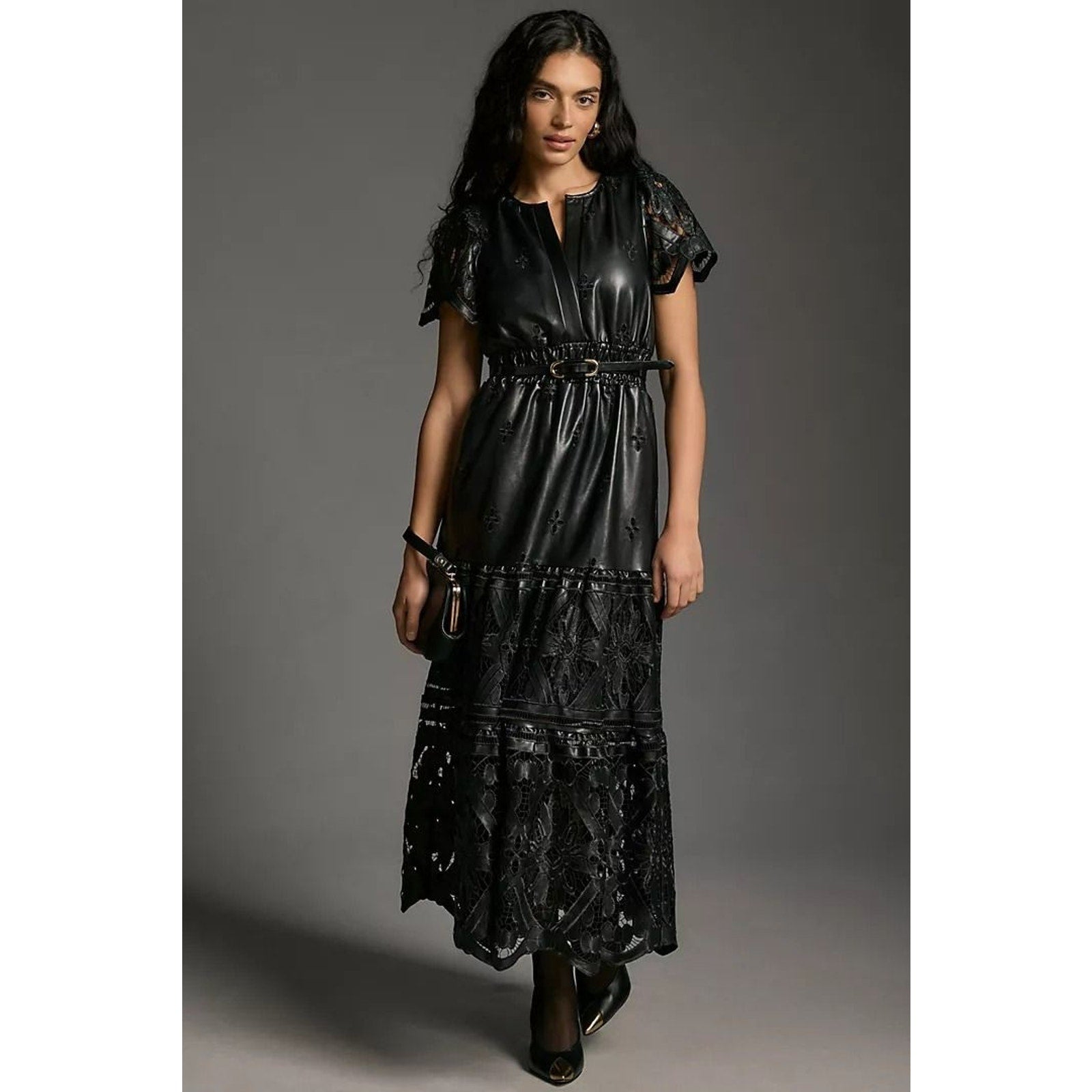 Anthropologie The Somerset Maxi Dress: Faux Leather Embroidered BLACK XS