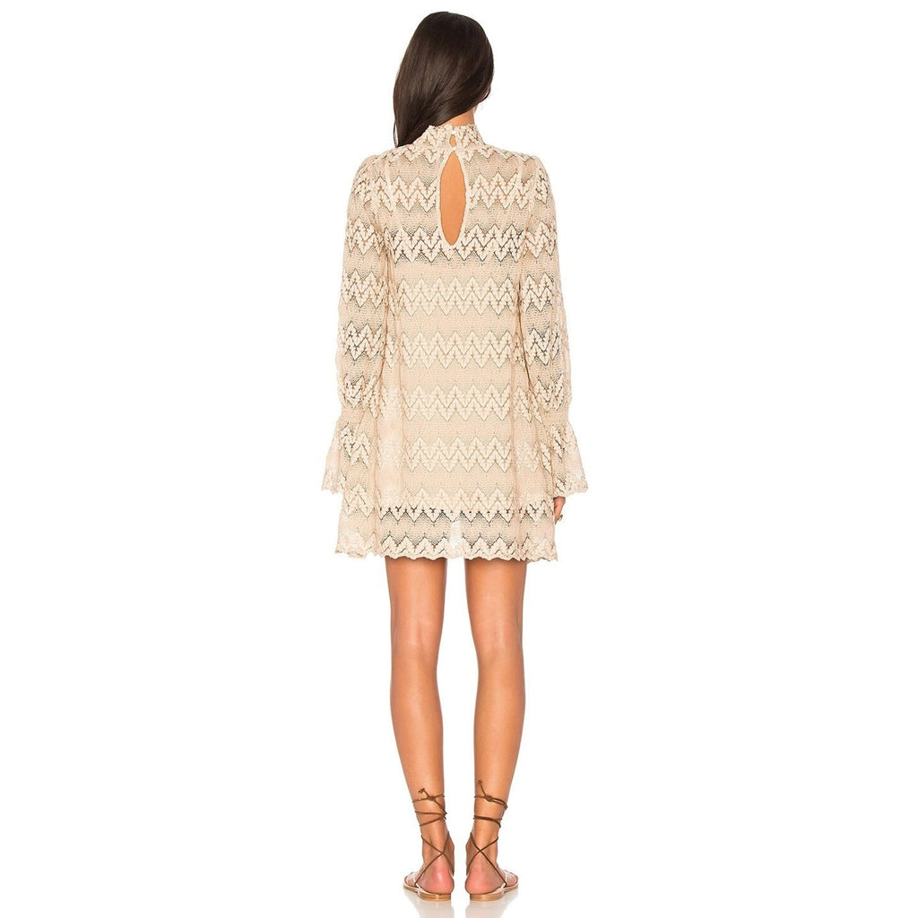 New Free People Simone Neutral Crochet Lace Mini Dress $128 Small Mock Taupe