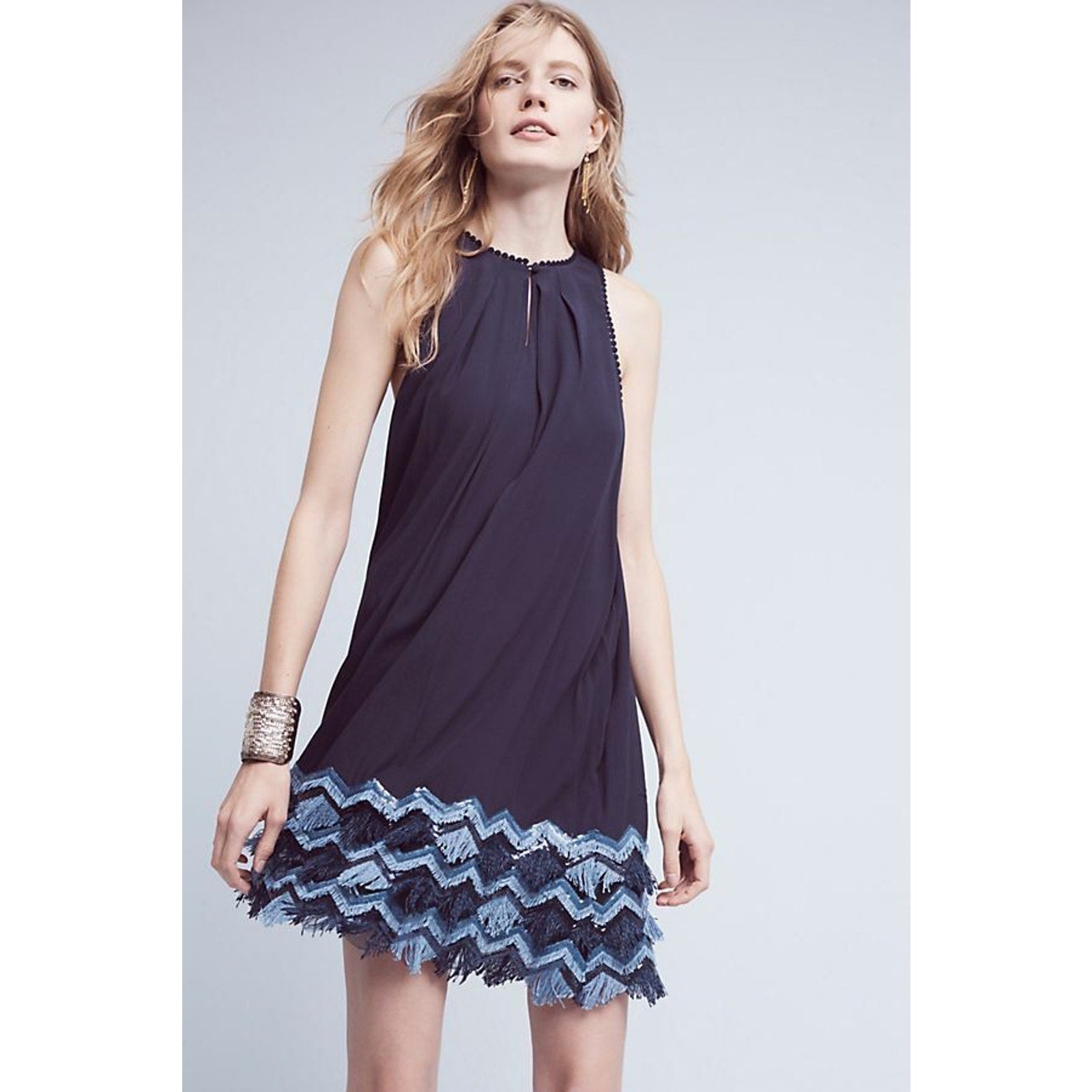 New Anthropologie x Maeve Festivity Fringe Swing Mini Dress $168 BLUE Sz 2