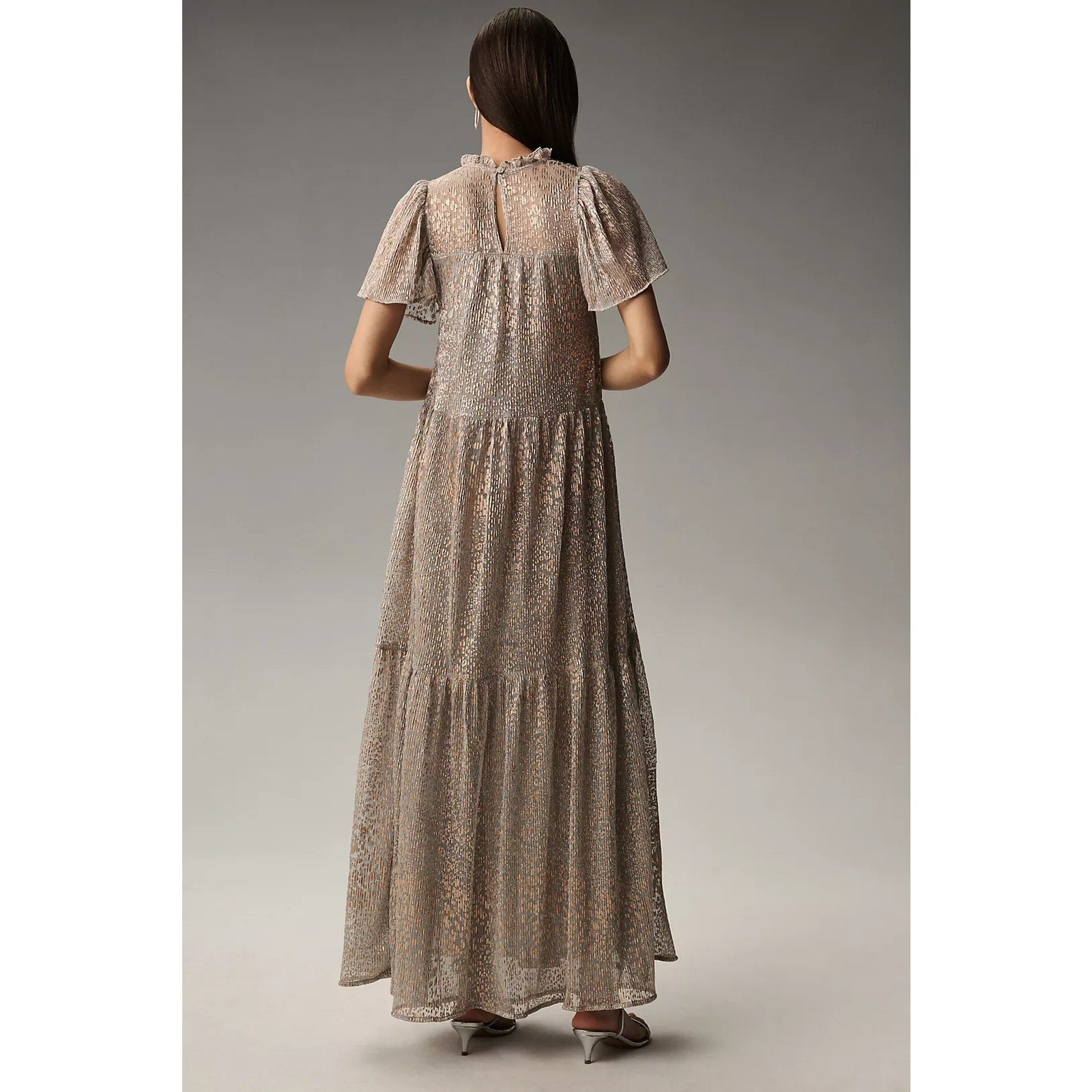 New By Anthropologie Short-Sleeve Mock-Neck Maxi Dress $178 SMALL Silver & Gold